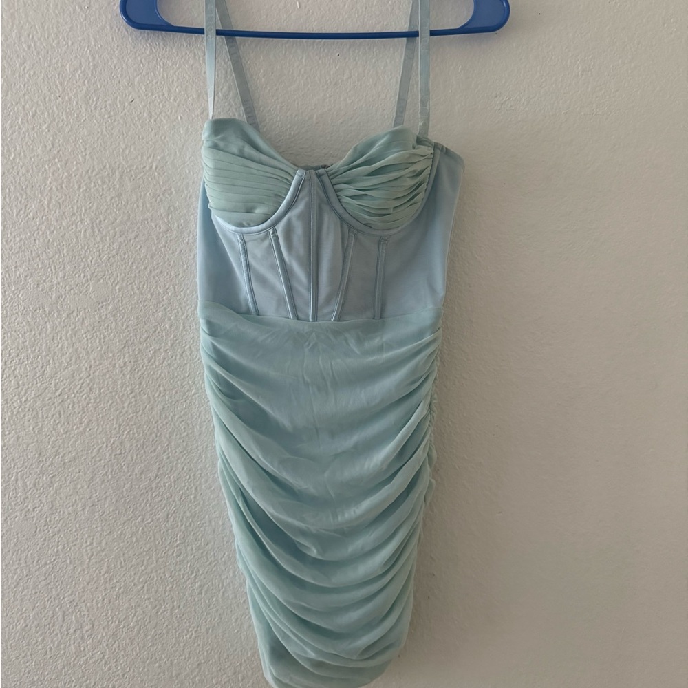 Oh Polly Pastel Blue Ruched Bustier Mini Dress